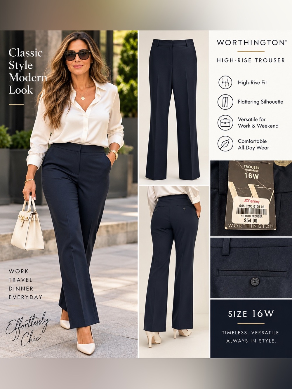 Worthington Navy High-Rise Straight-Leg Trousers 16 W